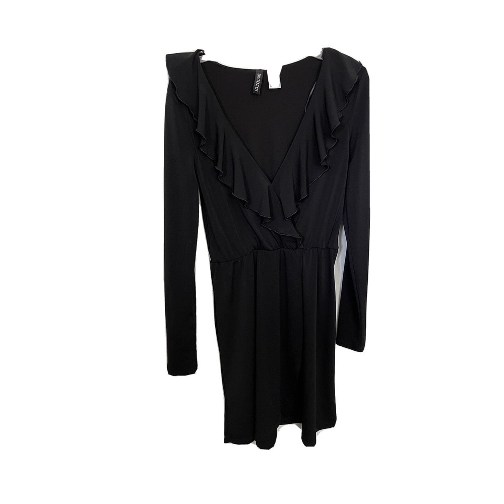 H&M Divided Black Ruffle V Neck Long Sleeve Mini Dress Womens Size 6 Stretch